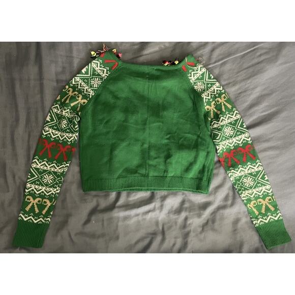 Planet Heart Women’s Size Medium Fab Yule Ous Christmas Sweater Green Sequin Bow - Picture 3 of 4